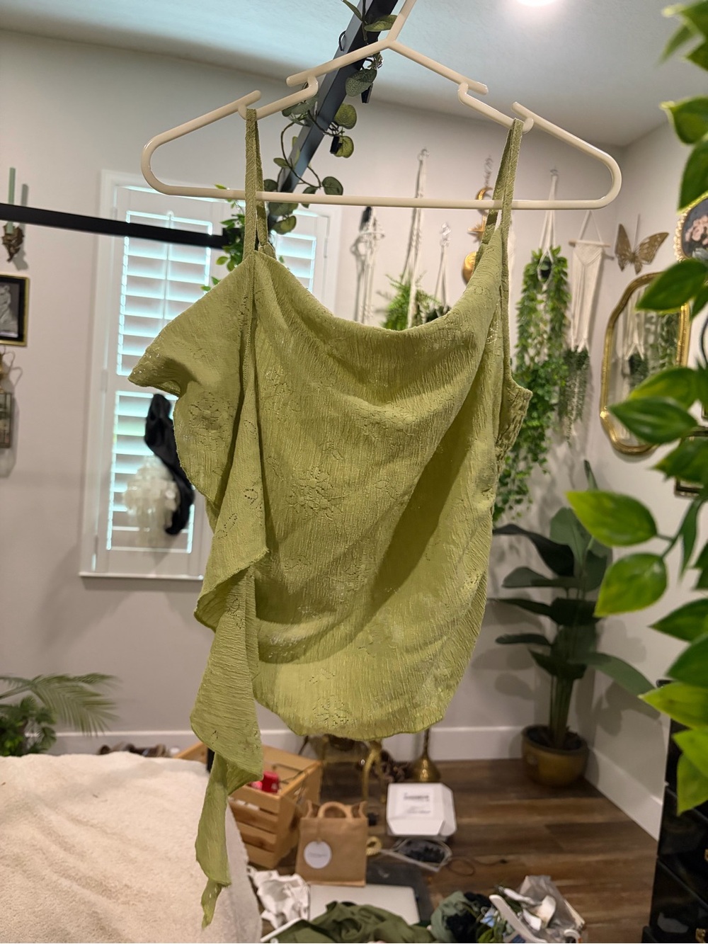 SHEIN Olive Green Asymmetrical Draped Spaghetti-Strap top